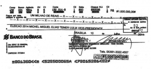 Fac símile do cheque depositado pelo PMDB na conta da campanha de Temer vice-presidente